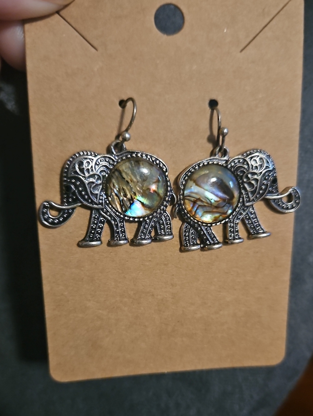 Elephant Abalone Shell Drop Earrings - Silver Tone